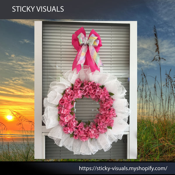 Pink Flowers and White Mesh Wreath with Bow Hanger Door Hanging Home Decor #wreaths #homedecor #holiday #decomesh #ribbon #cross #wreathcross