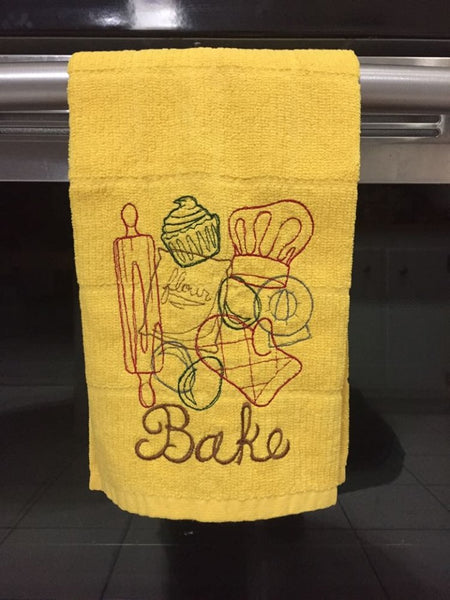 Bake Embroidered Kitchen Hand Towel Yellow #kitchentowel #ovendoortowel