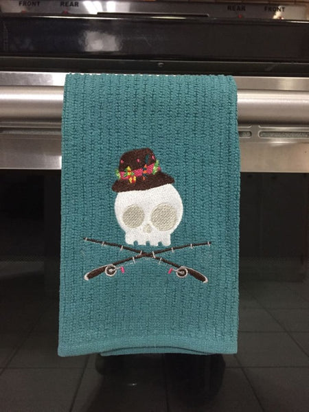 Fishing Skull Embroidered Hand Towel Pick your Color