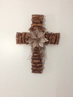 Copper Brown Gold Ribbon Cross Wreath Door Hanging Home Decor #wreaths #homedecor #holiday #decomesh #ribbon #cross #wreathcross