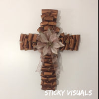 Copper Brown Gold Ribbon Cross Wreath Door Hanging Home Decor #wreaths #homedecor #holiday #decomesh #ribbon #cross #wreathcross