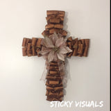 Copper Brown Gold Ribbon Cross Wreath Door Hanging Home Decor #wreaths #homedecor #holiday #decomesh #ribbon #cross #wreathcross